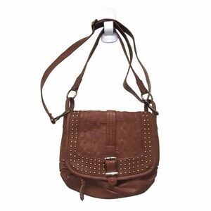 The Sak Brown Leather Studded Crossbody Bag | Woven Flap | Adjustable Strap